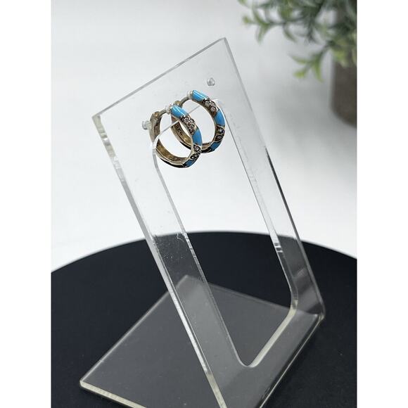 Blue Turquoise Pave Crystal CZ Gold Vermeil 925 Small Huggie Hoops‎ - Picture 3 of 15